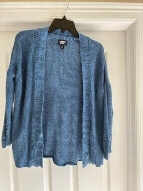 Lands' End Blue Marl Open-Front Knit Cardigan Linen Cotton Blend, XS
